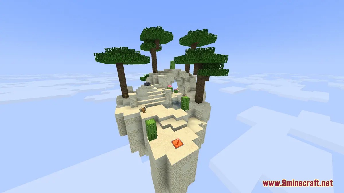 Desert parkour island featuring sand blocks cacti and a checkpoint