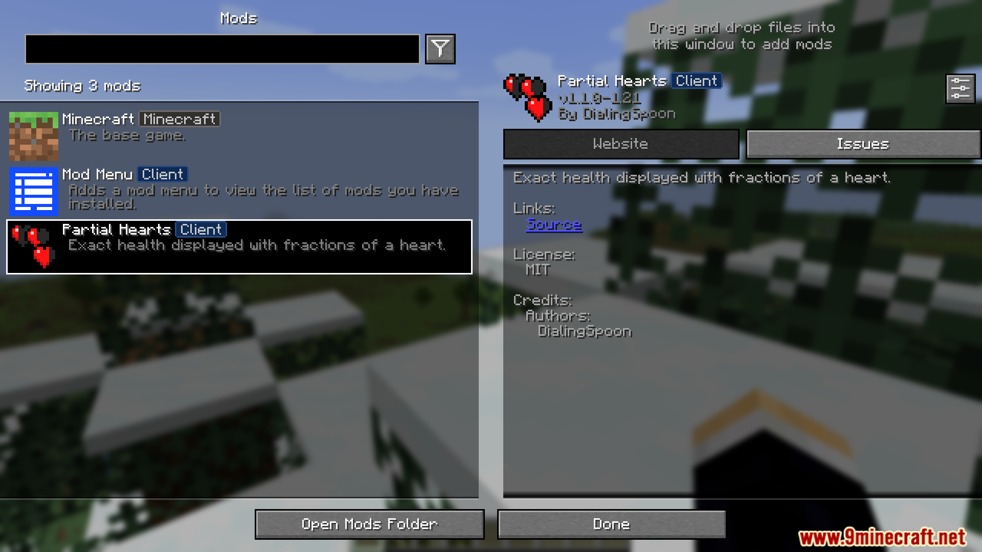 Mod menu screen displaying the Partial Hearts mod information