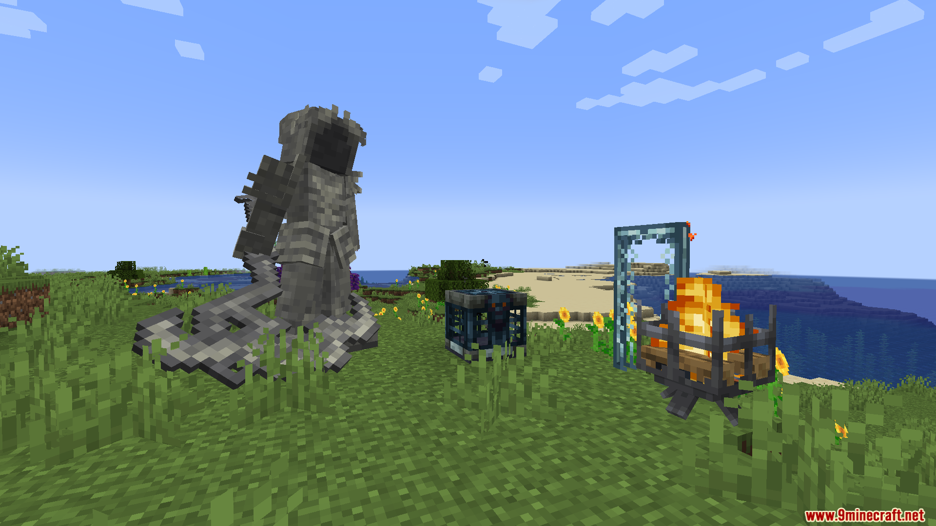 Party Magic Compatibility Mod Screenshot 10 Stone statue holding scythe next to spawner and campfire