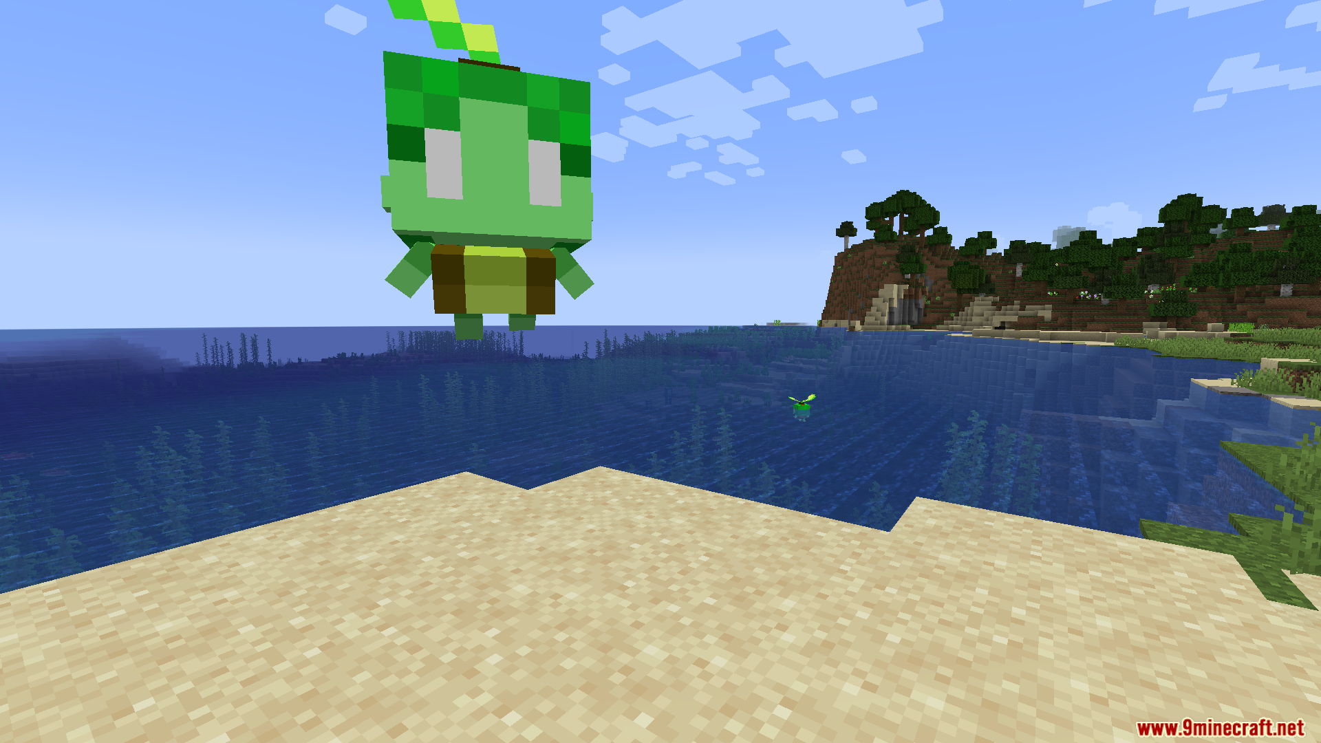 Party Magic Compatibility Mod Screenshot 12 Large green blocky creature floating above water near shore