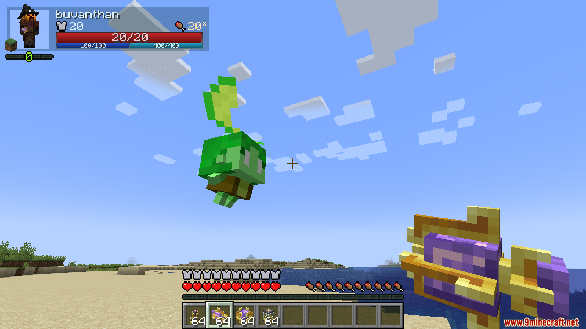Party Magic Compatibility Mod Screenshot 13 Player aiming a purple magic staff at a floating green summon