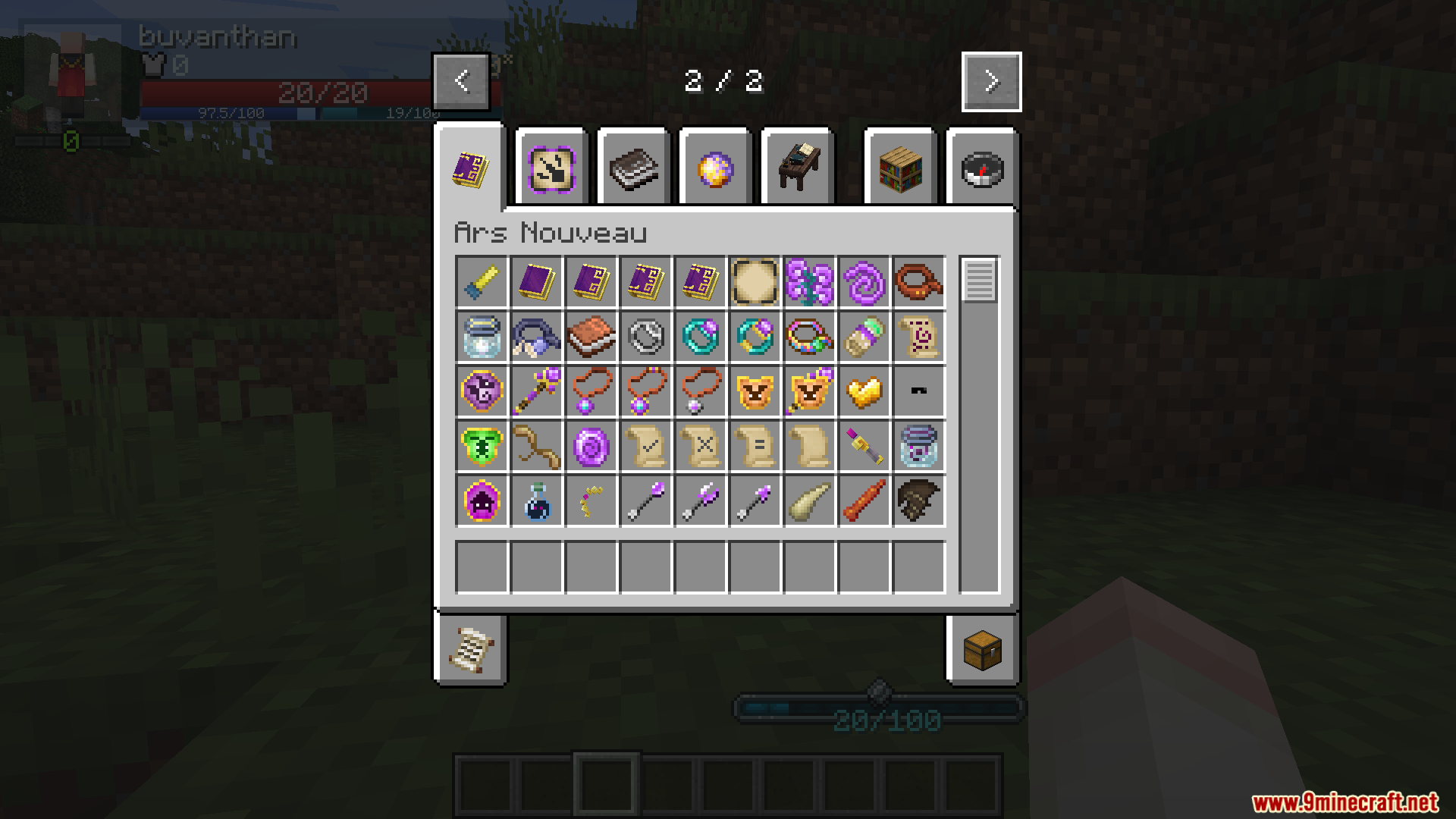 Party Magic Compatibility Mod Screenshot 2 Player viewing the Ars Nouveau creative inventory full of magical items