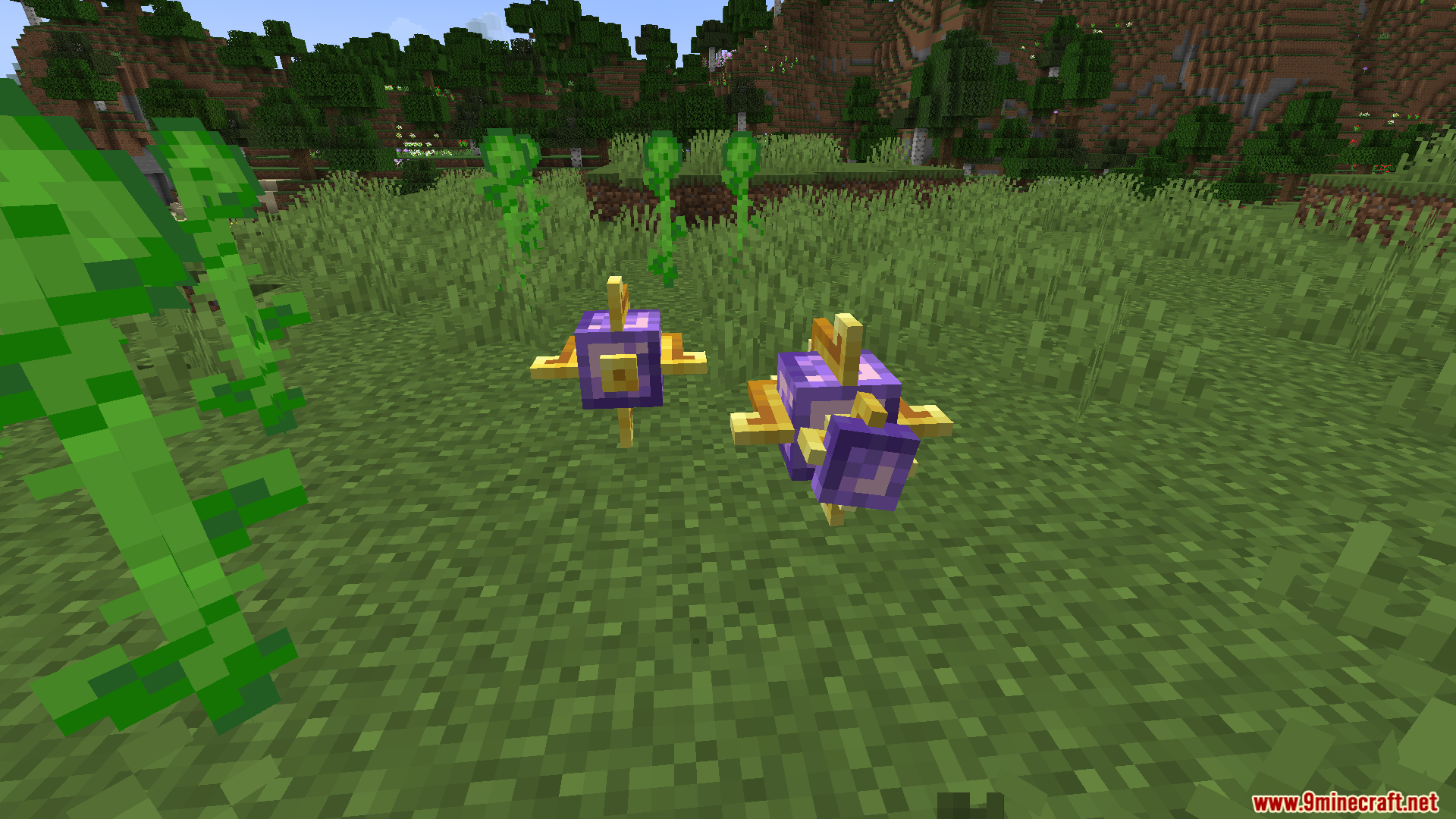 Party Magic Compatibility Mod Screenshot 5 Two purple and gold magical turrets floating above grassy terrain