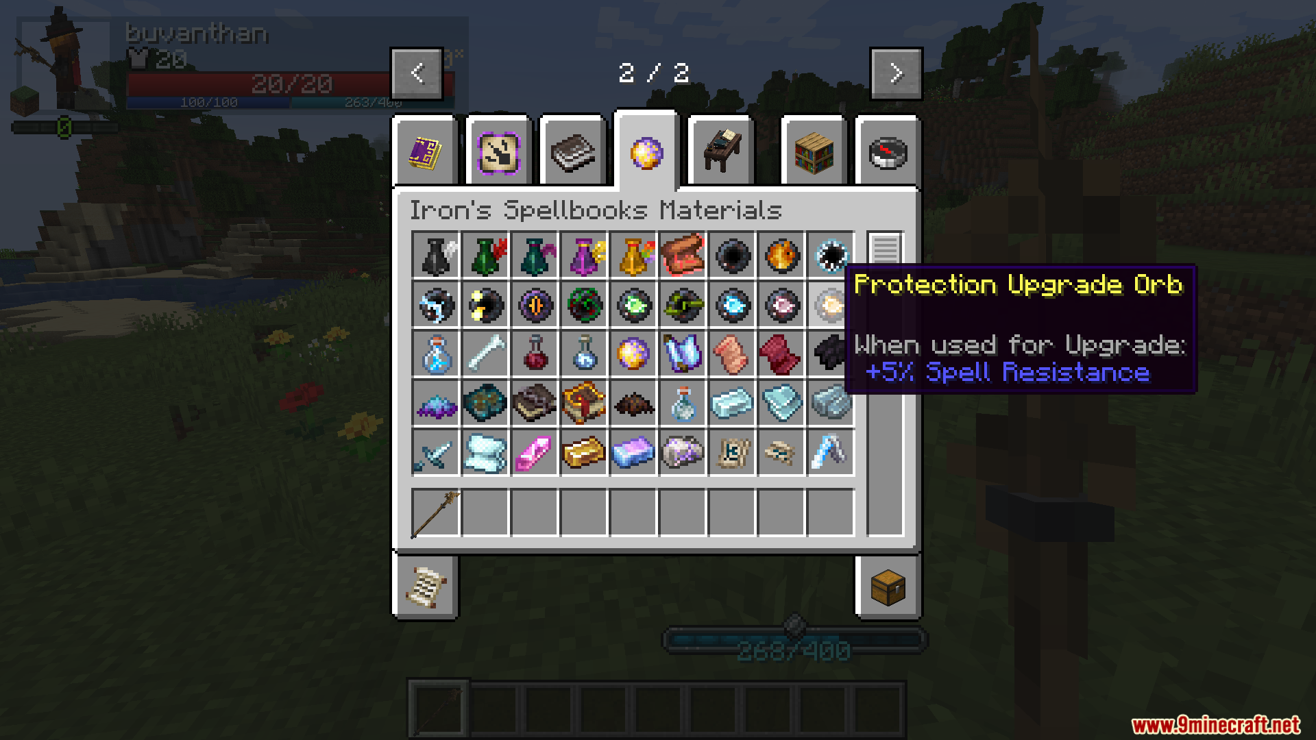Party Magic Compatibility Mod Screenshot 7 Inventory menu showing Iron's Spellbooks Materials tab with Protection Upgrade Orb highlighted
