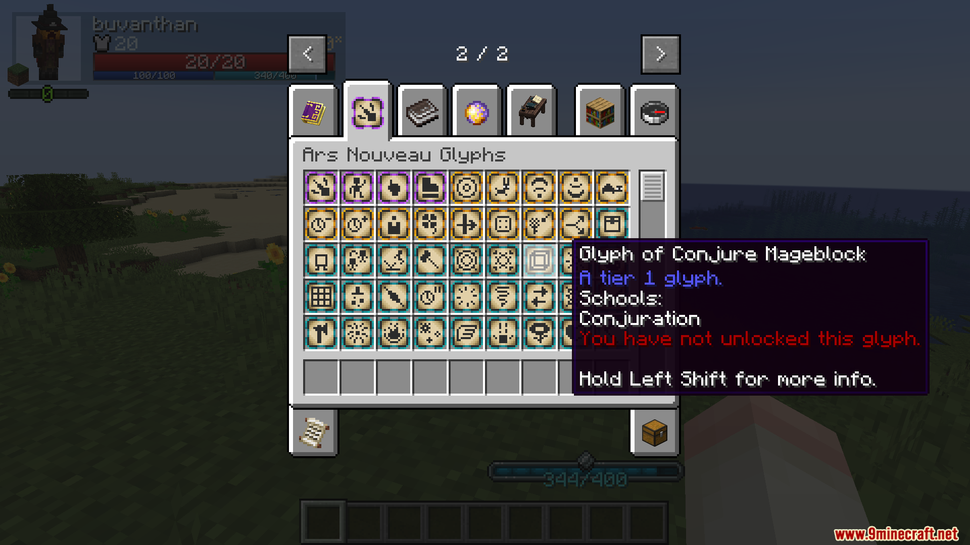 Party Magic Compatibility Mod Screenshot 9 Ars Nouveau Glyphs menu showing Conjure Mageblock spell details