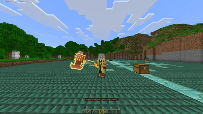 Player holding a large custom hammer weapon on a prismarine floor