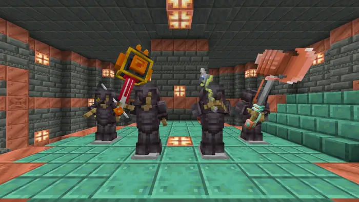 Armor stands displaying various legendary weapons from the Phantasm Addon Mod
