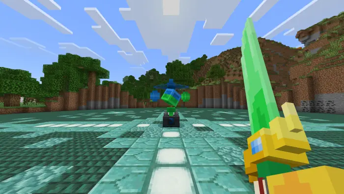 Player holding a legendary green sword in the prismarine arena