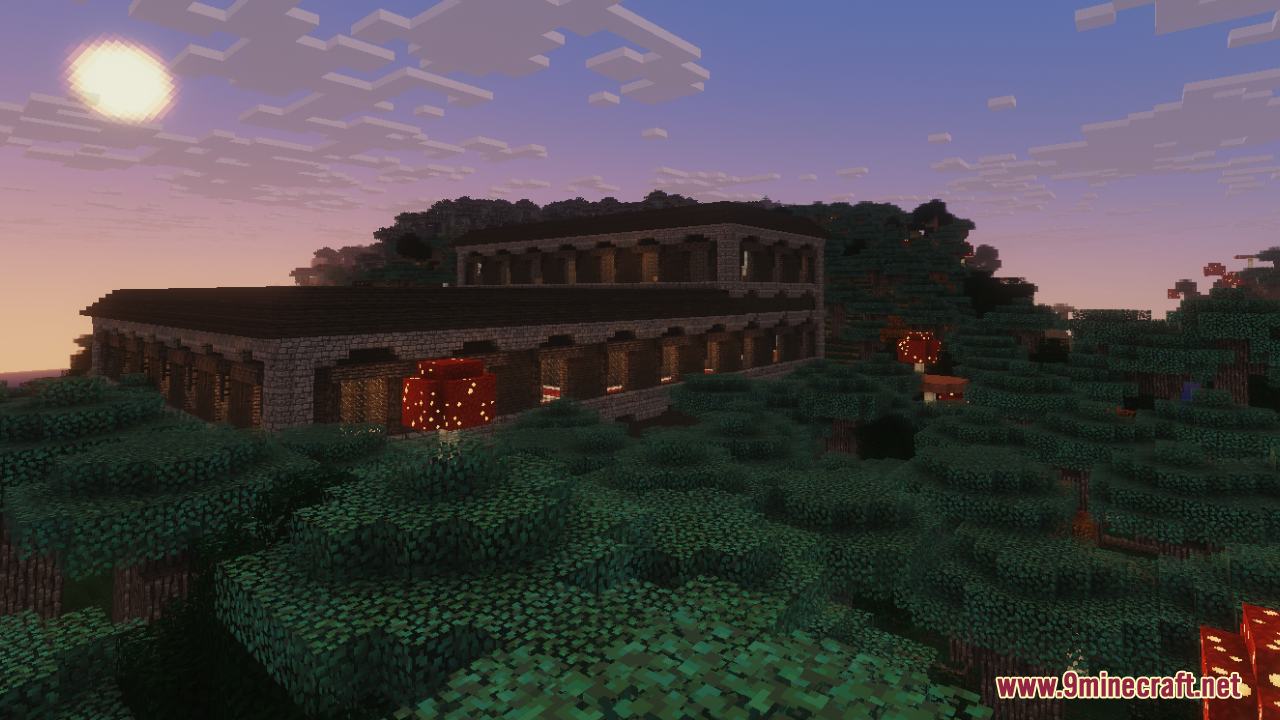 Medieval stone building surrounded by forest and giant red mushrooms