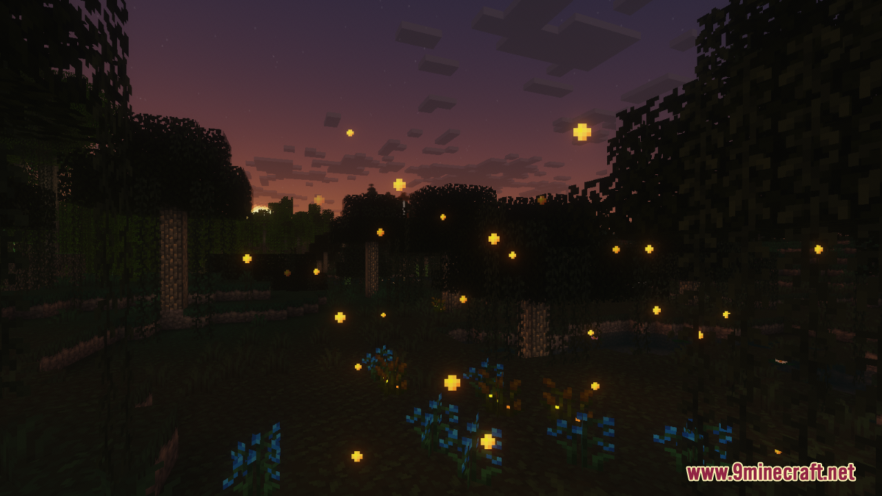 Glowing fireflies floating above blue flowers in a dark forest