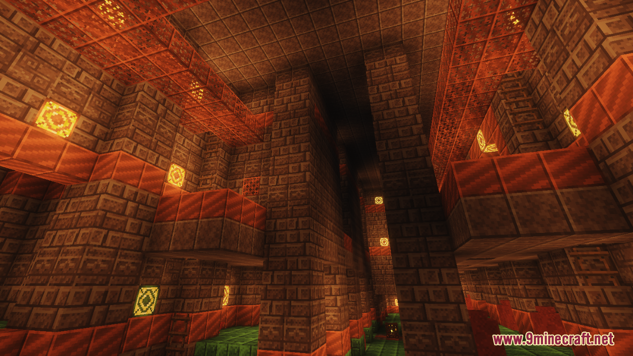 A large stone structure with glowing lights in a dark room