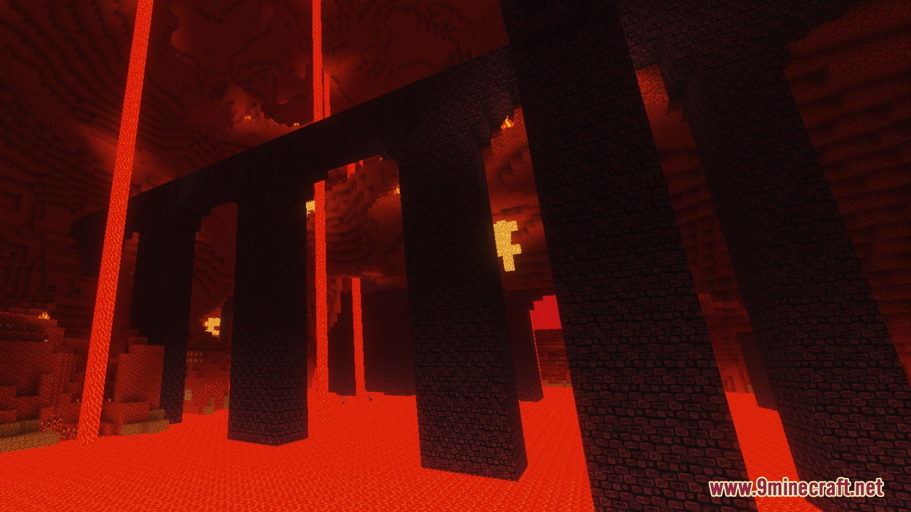 A dark stone bridge over a large pool of lava