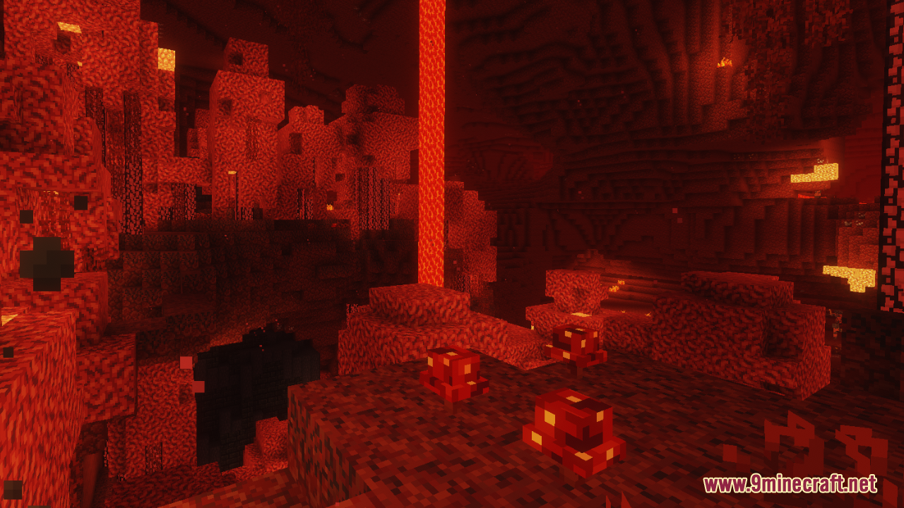 A dark cave with red glowing mushrooms and lava falls