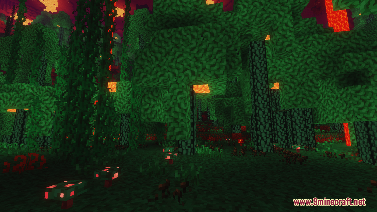 A dark forest with green glowing trees and red mushrooms
