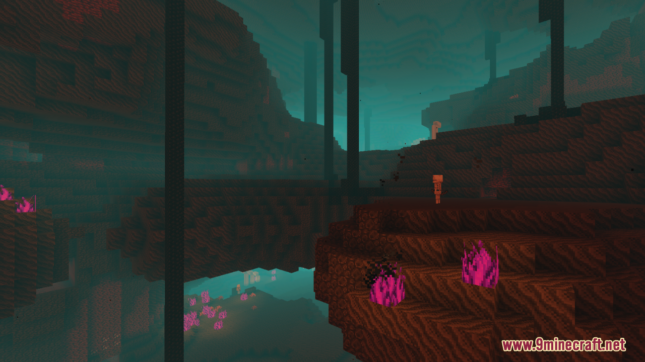 Dark nether landscape with glowing pink fire and tall pillars