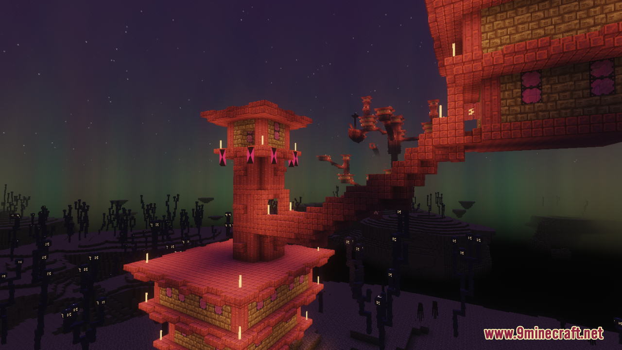 End city buildings with glowing pink details and aurora night sky