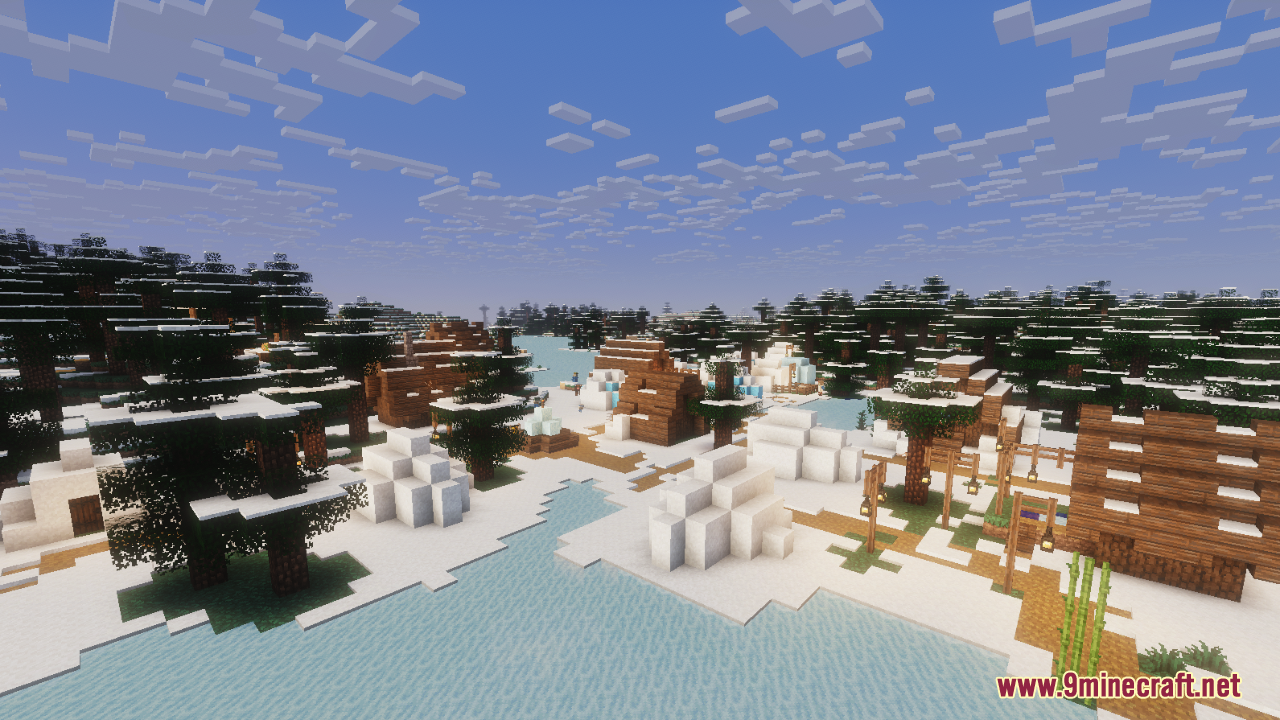 Snowy village landscape featuring wooden cabins and snow covered igloos