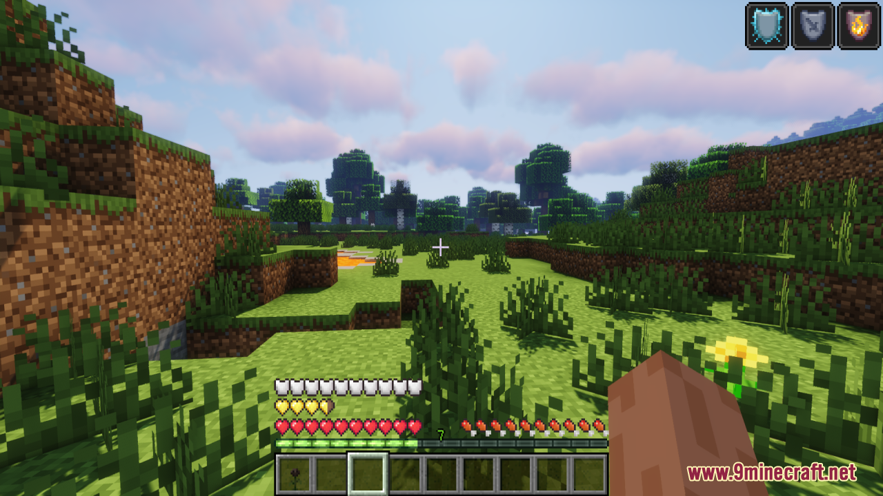 Player exploring landscape showing custom white armor and heart icons