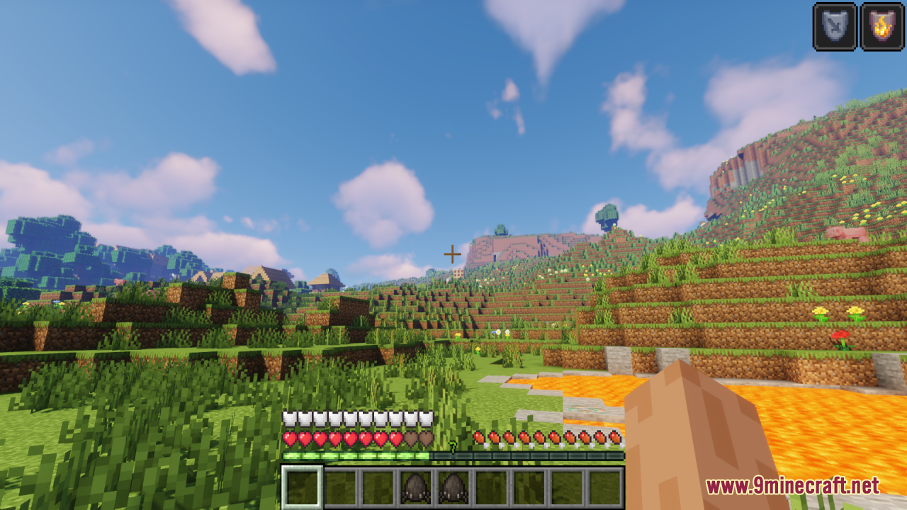 Player viewing village showing custom dark withered health heart icons