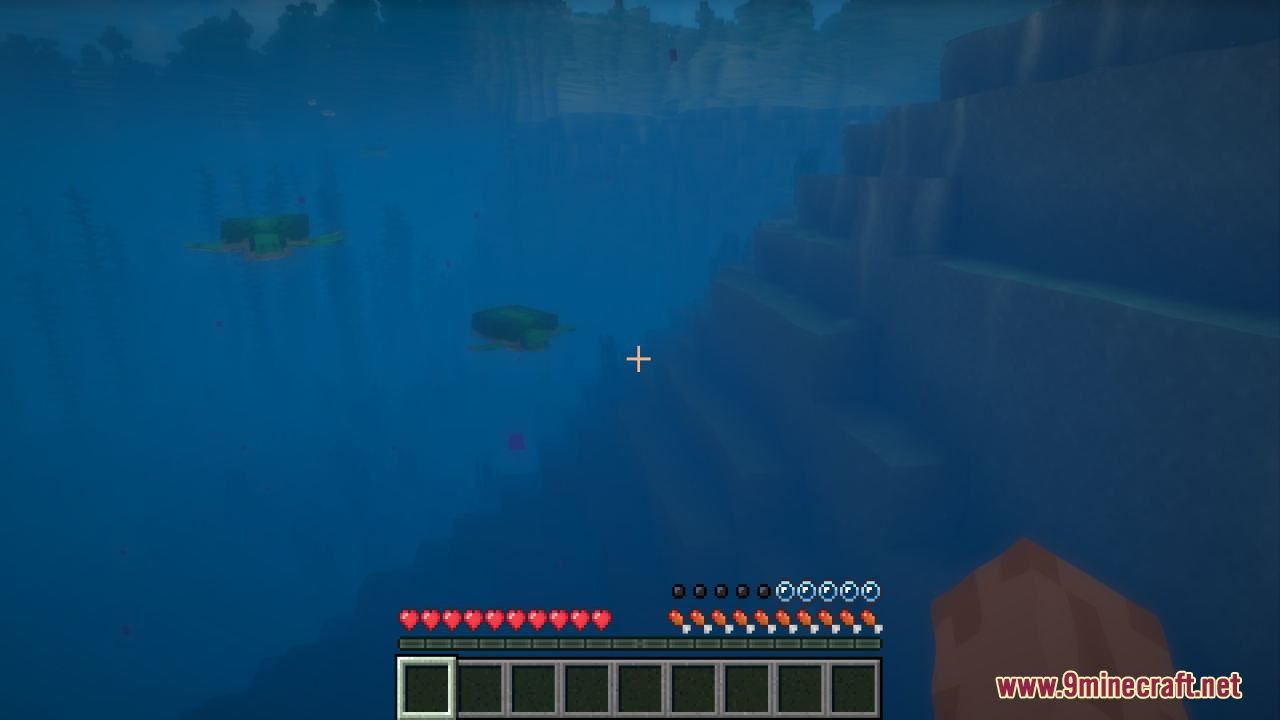Swimming underwater with sea turtles displaying Pixels Simple Hud elements