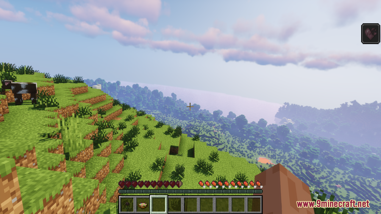 Player viewing landscape with custom health and hunger icons