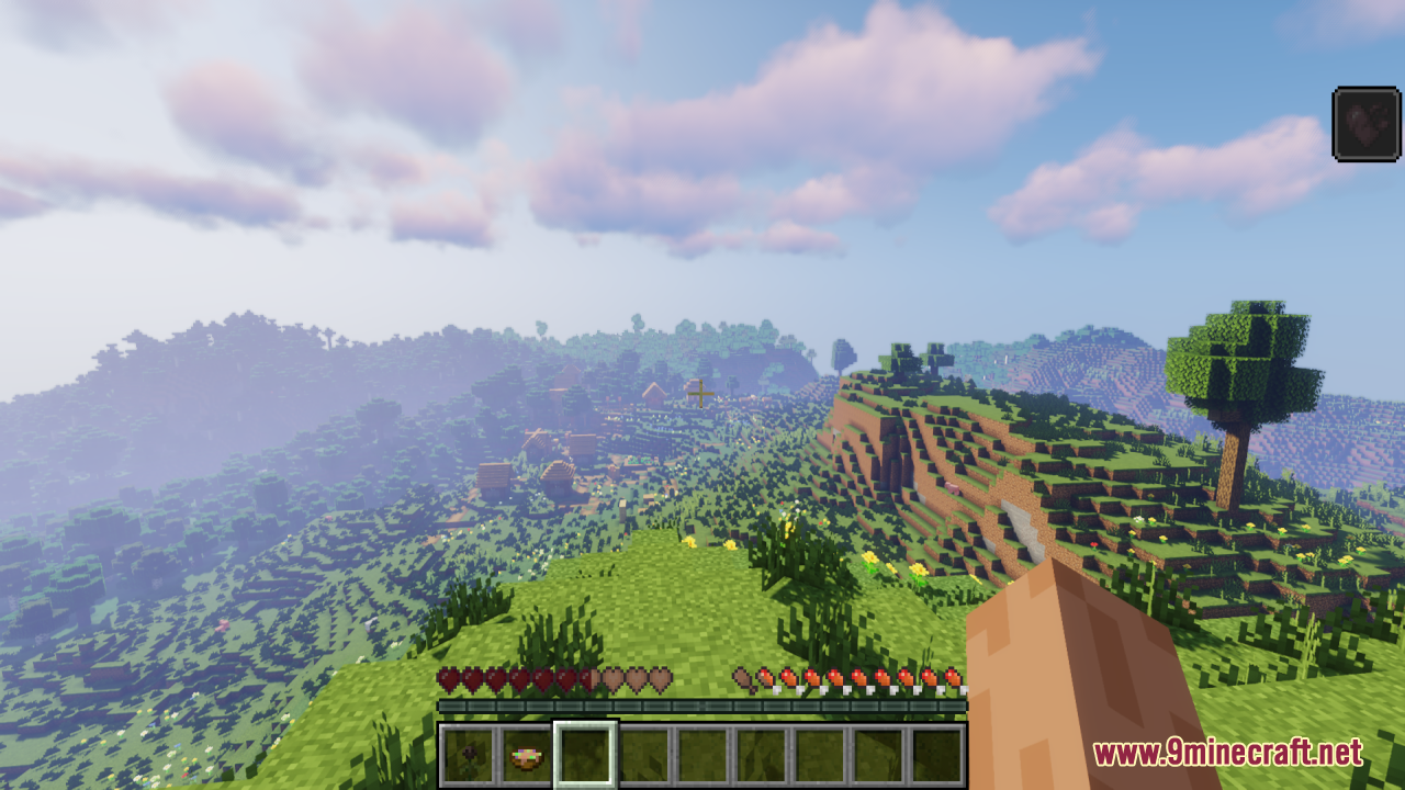 Overlooking a village showing updated health and food bar textures