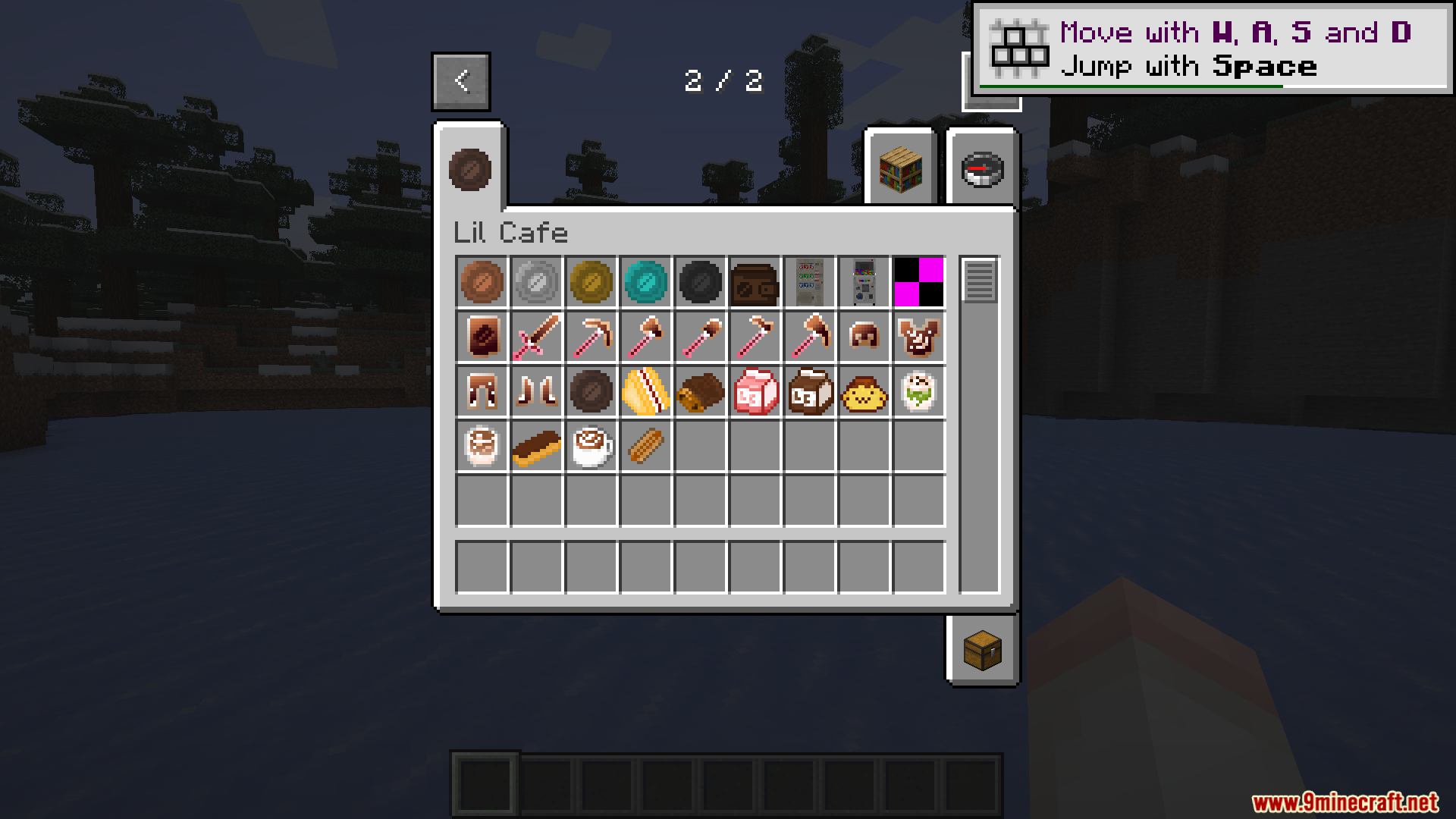 Pixie Co mod creative inventory showing custom coins tools and cafe food