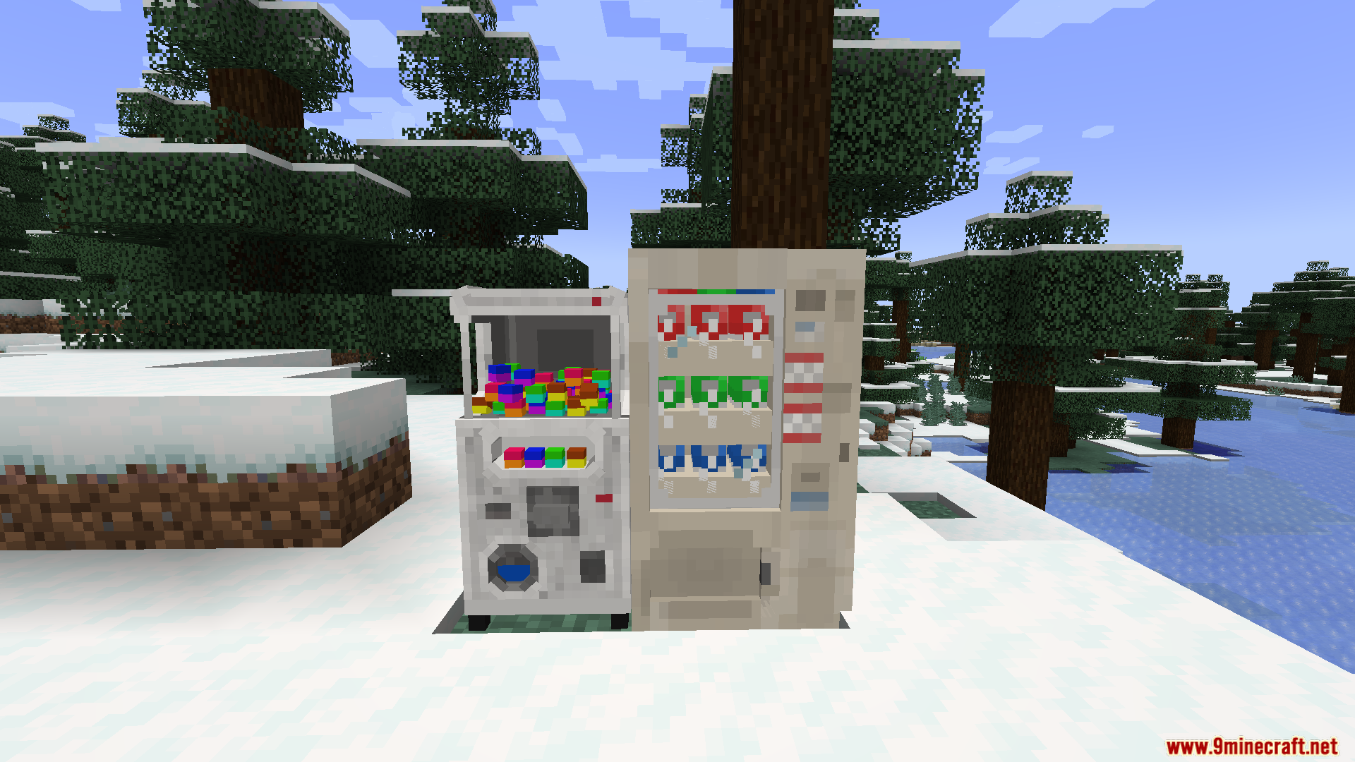 Custom gachapon machine and vending machine placed in a snowy biome