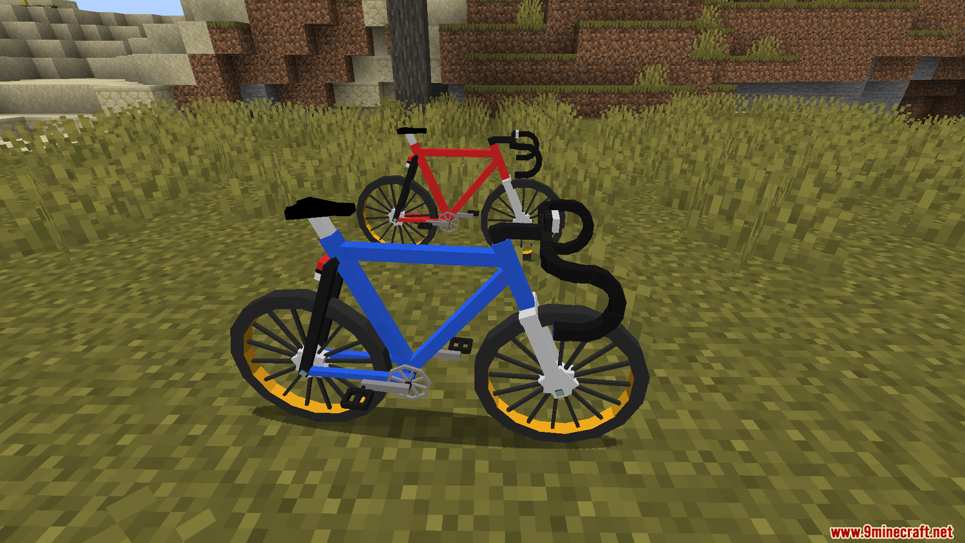Blue and red bicycles in a grassy field