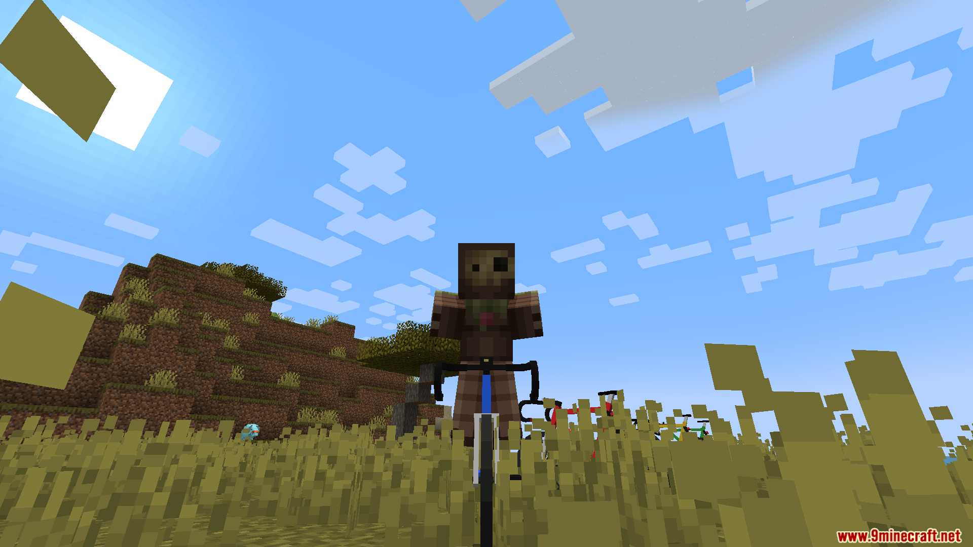 Riding a PokeBike through a grassy biome