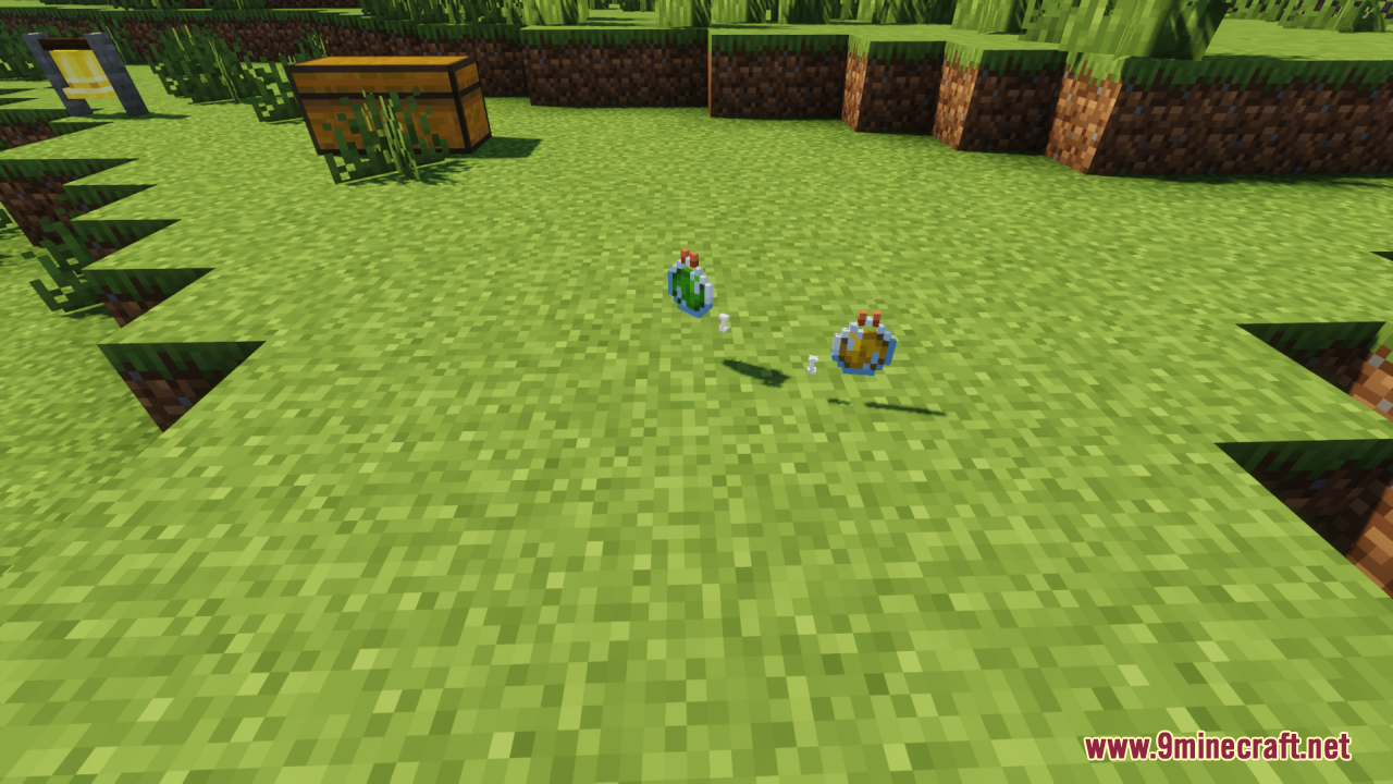 Dropped potions on grass showing the Potion Effect Indicators symbols