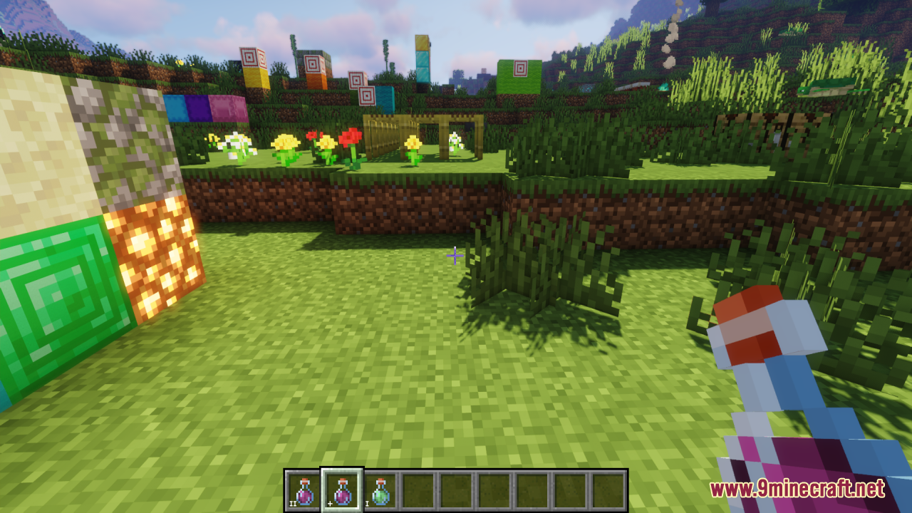 First person view showing hotbar potions with Potion Effect Indicators