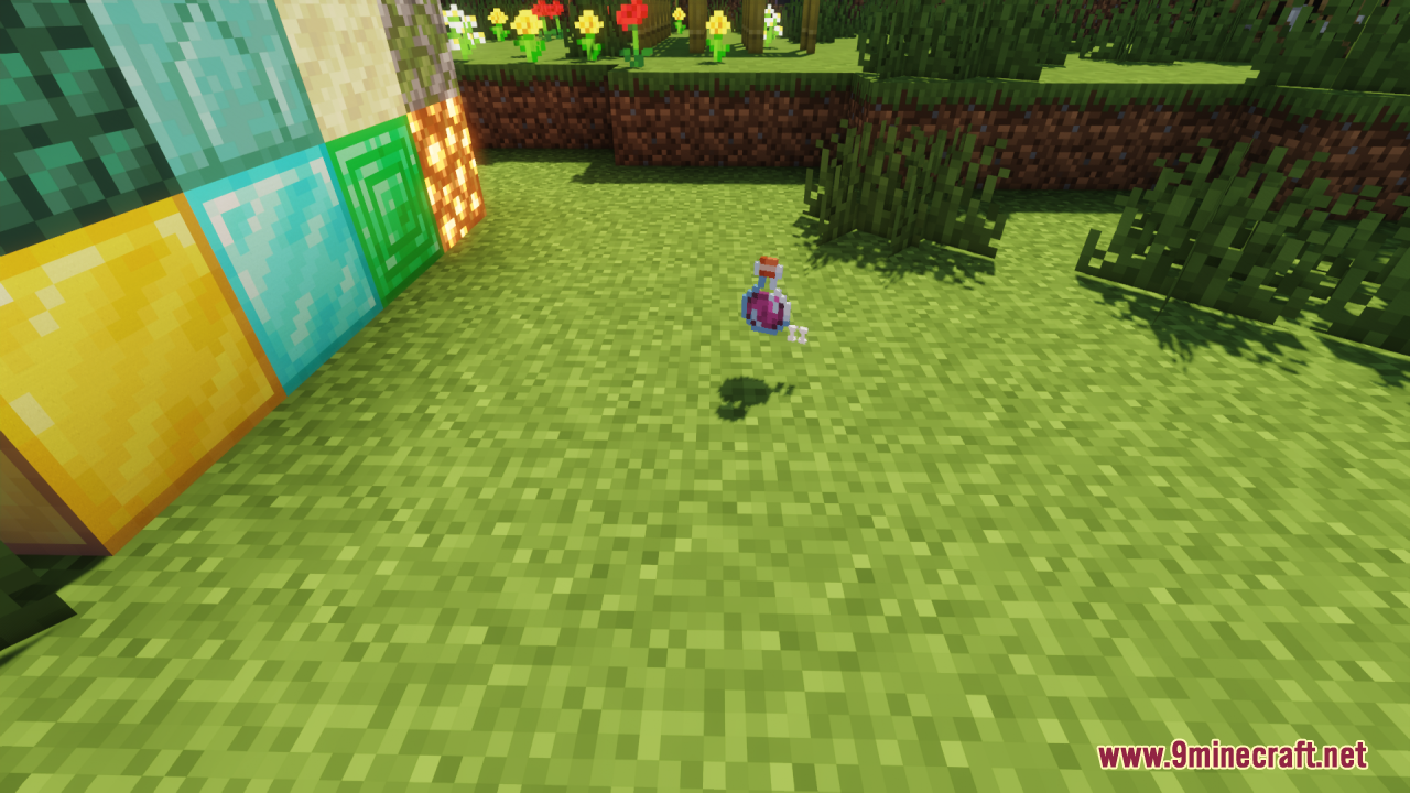 Dropped potion item on grass displaying the visual indicator symbol