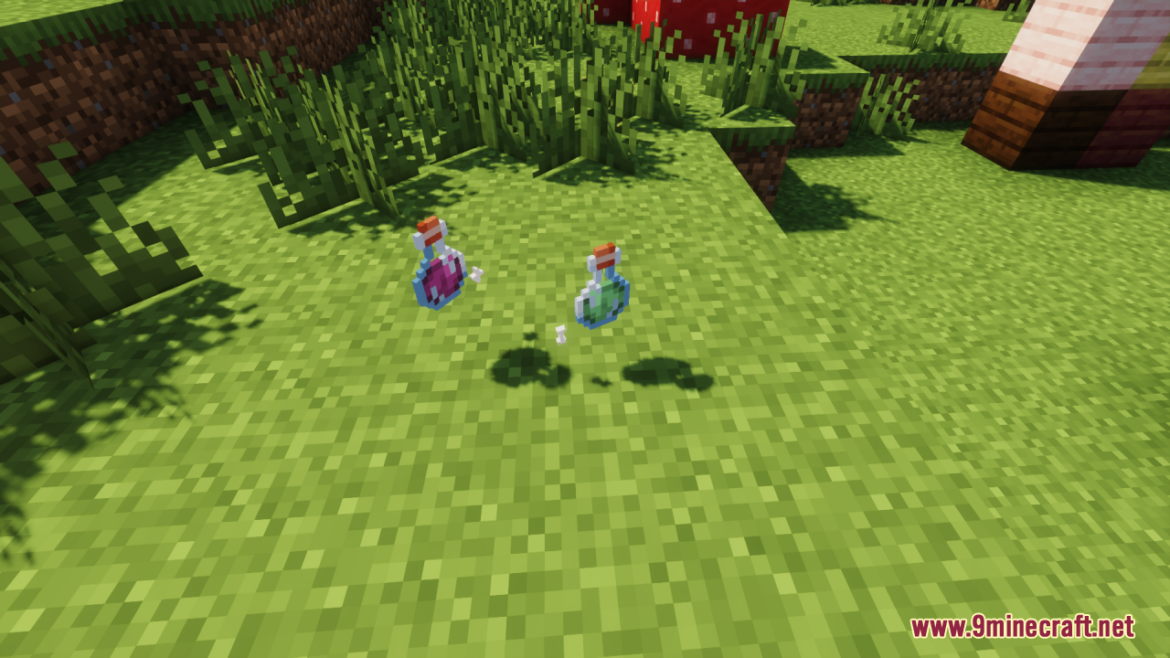 Dropped potion items on grass from Potion Effect Indicators Resource Pack