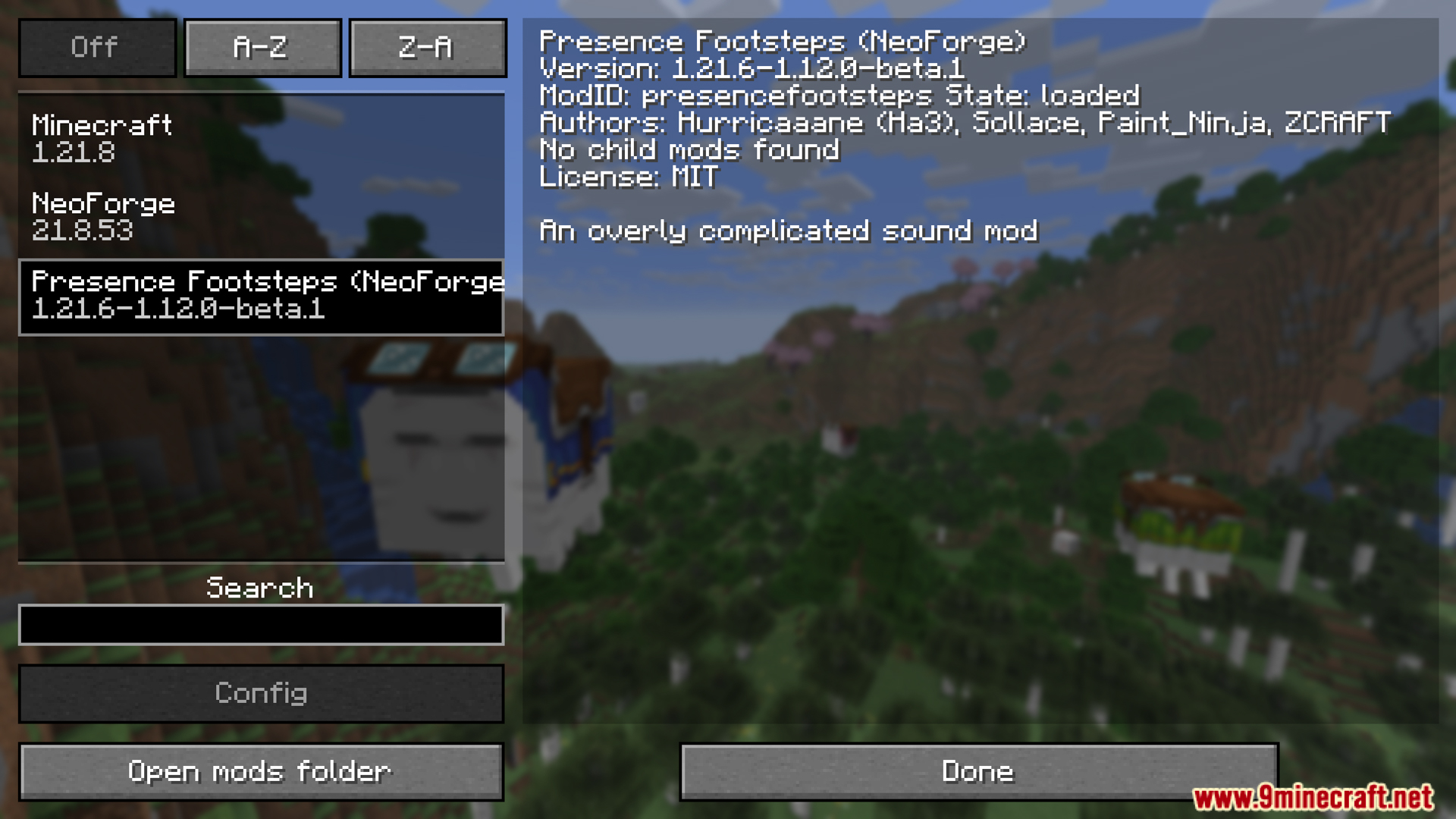 Viewing the Presence Footsteps NeoForge mod in the game menu
