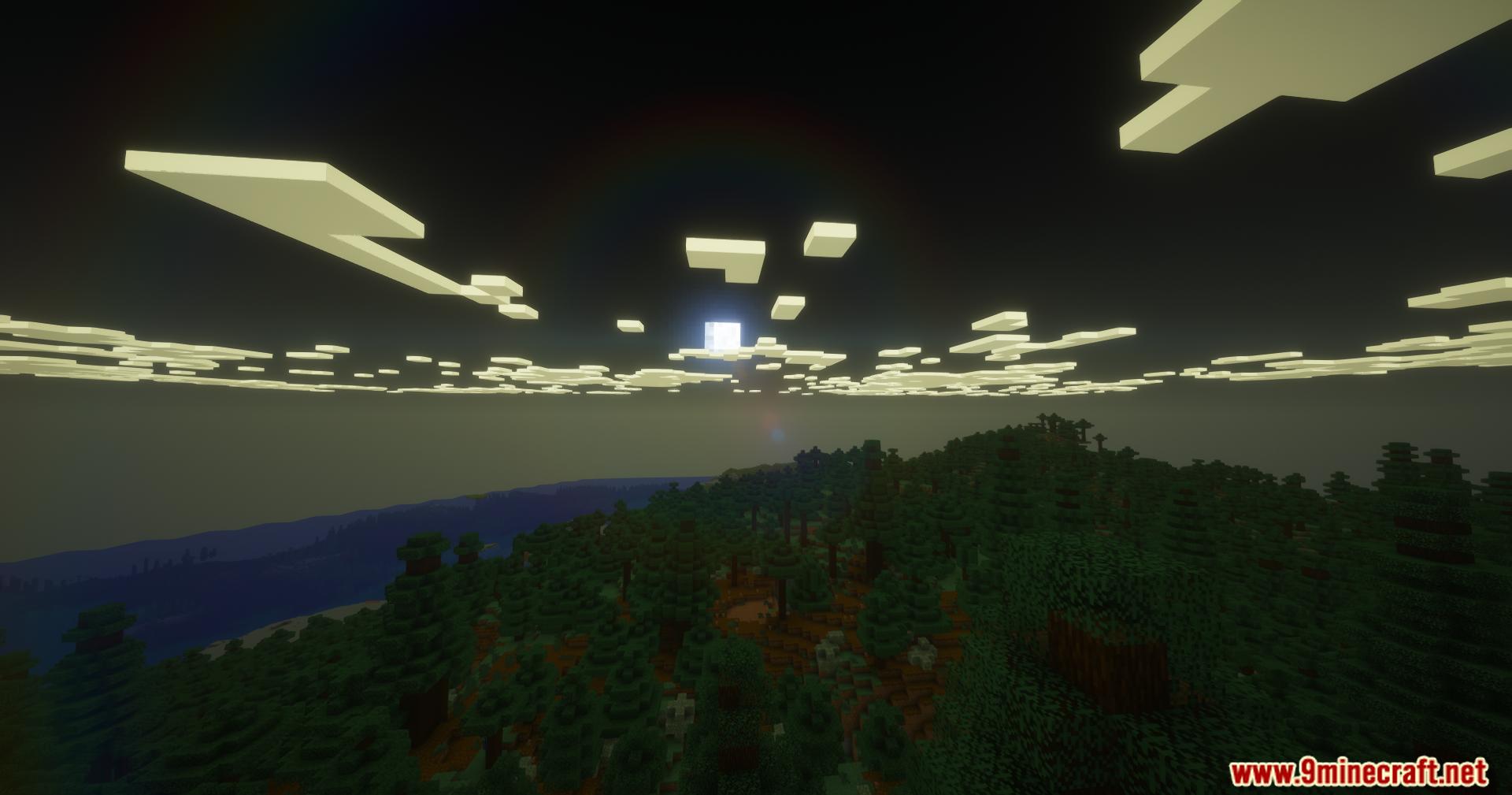 Wide forest and ocean landscape under a softly glowing moon