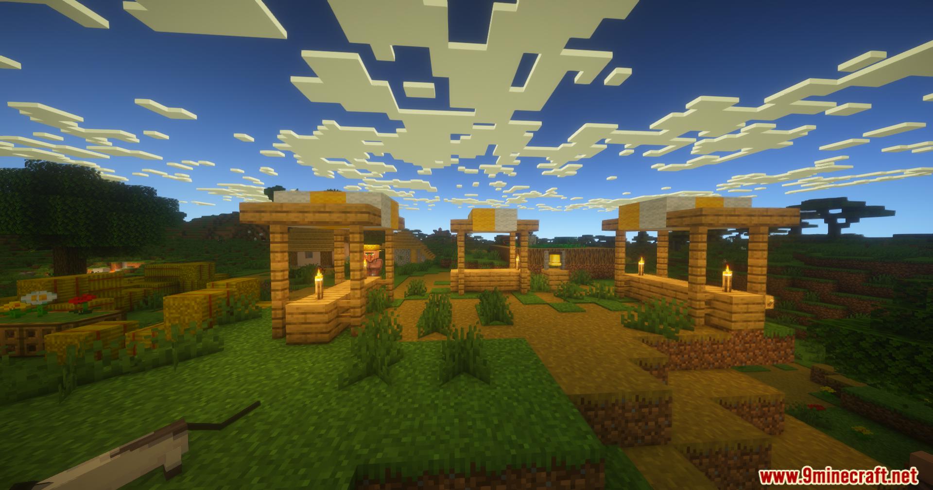 Several wooden market stalls in a village with enhanced lighting