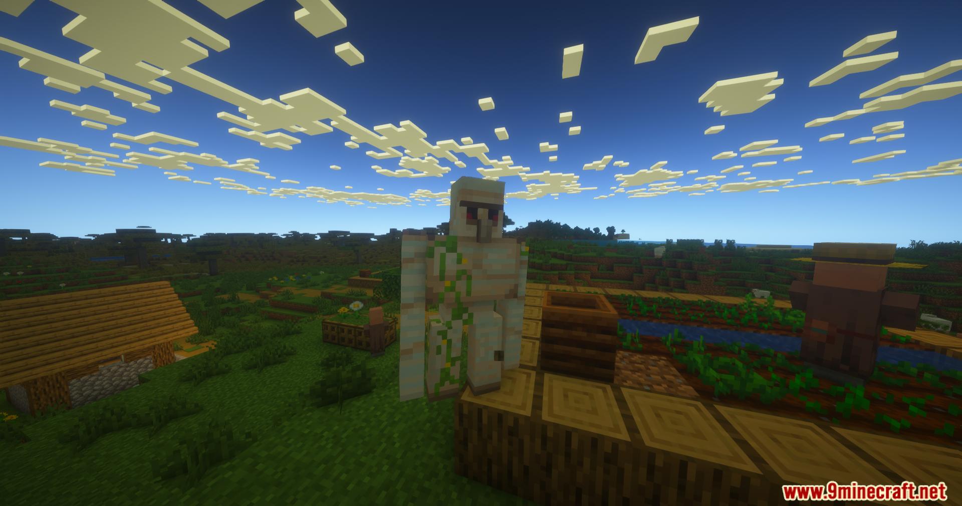 Iron golem and farmer villager near crops with natural clouds