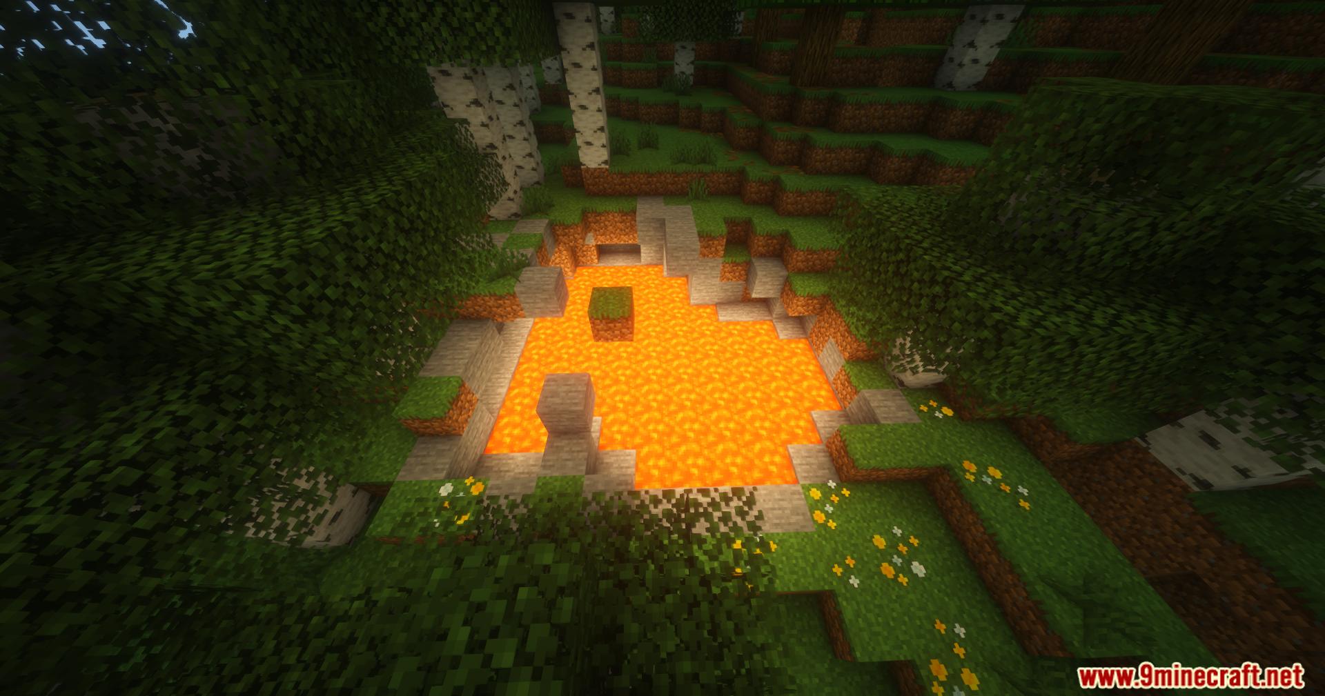 Bright glowing lava pool in a birch forest with soft shadows