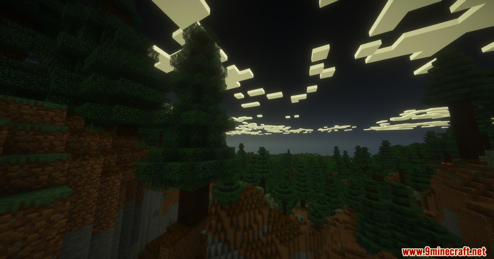 Nighttime spruce forest view with enhanced lighting and blocky clouds