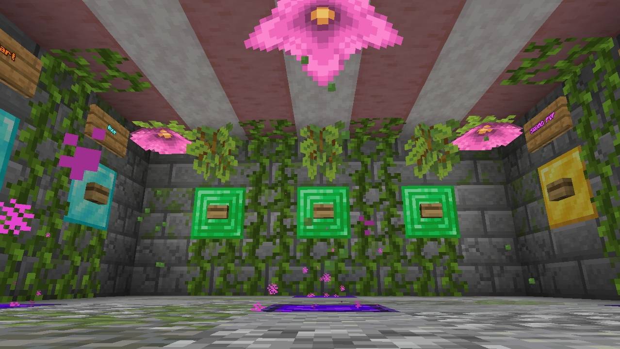 Lobby room featuring emerald block buttons and pink flower ceiling decorations