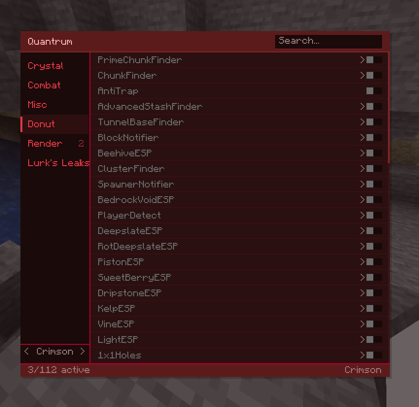 Quantrum client menu showing list of finder and ESP utility features