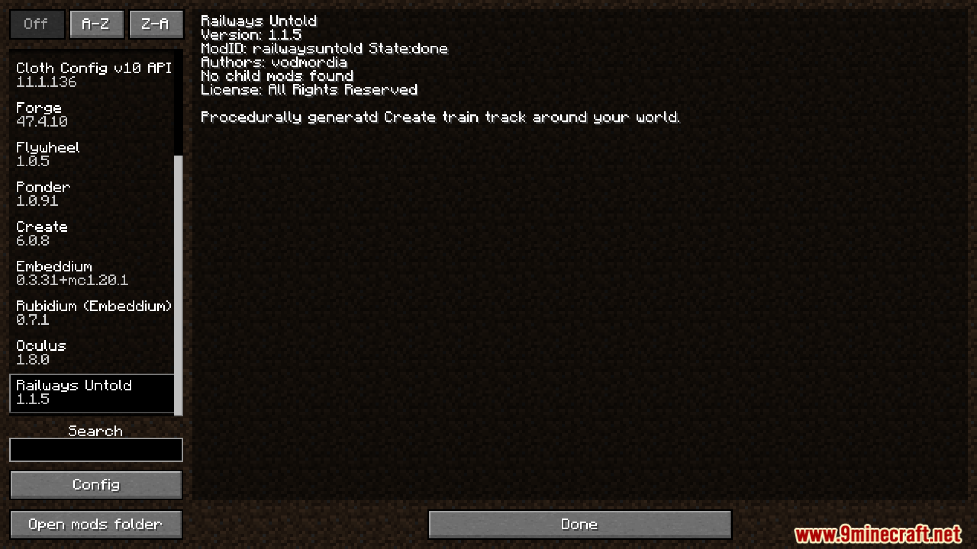 Minecraft mod menu displaying the Railways Untold mod information