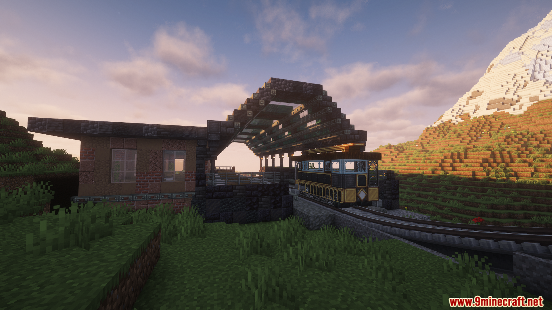 A custom train parked at a procedurally generated brick station