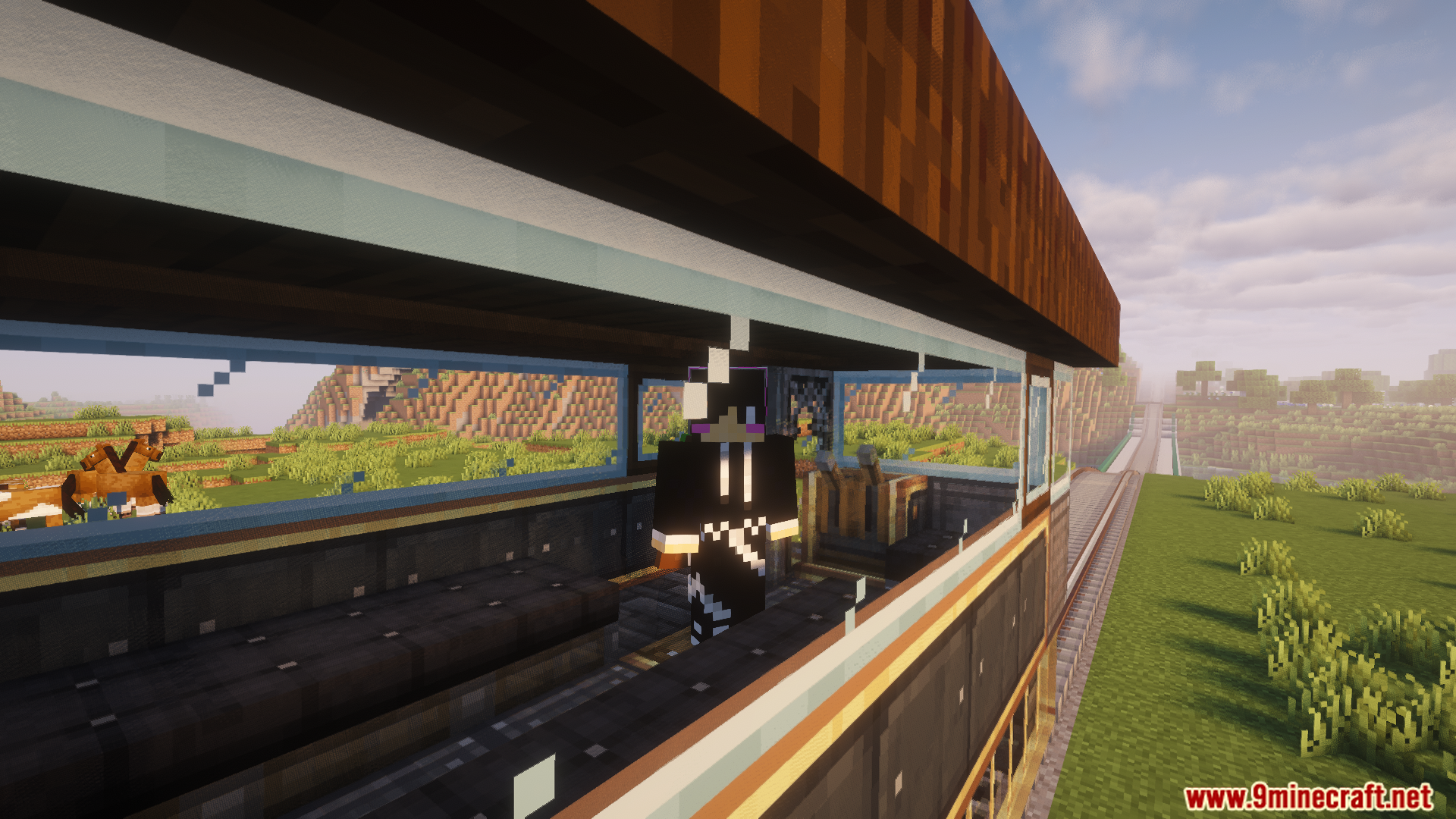 Player character standing inside the passenger car of a train