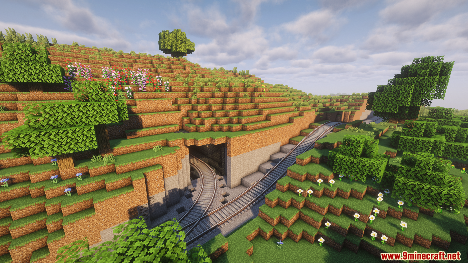 Railways Untold mod generating train tracks and a grassy hill tunnel