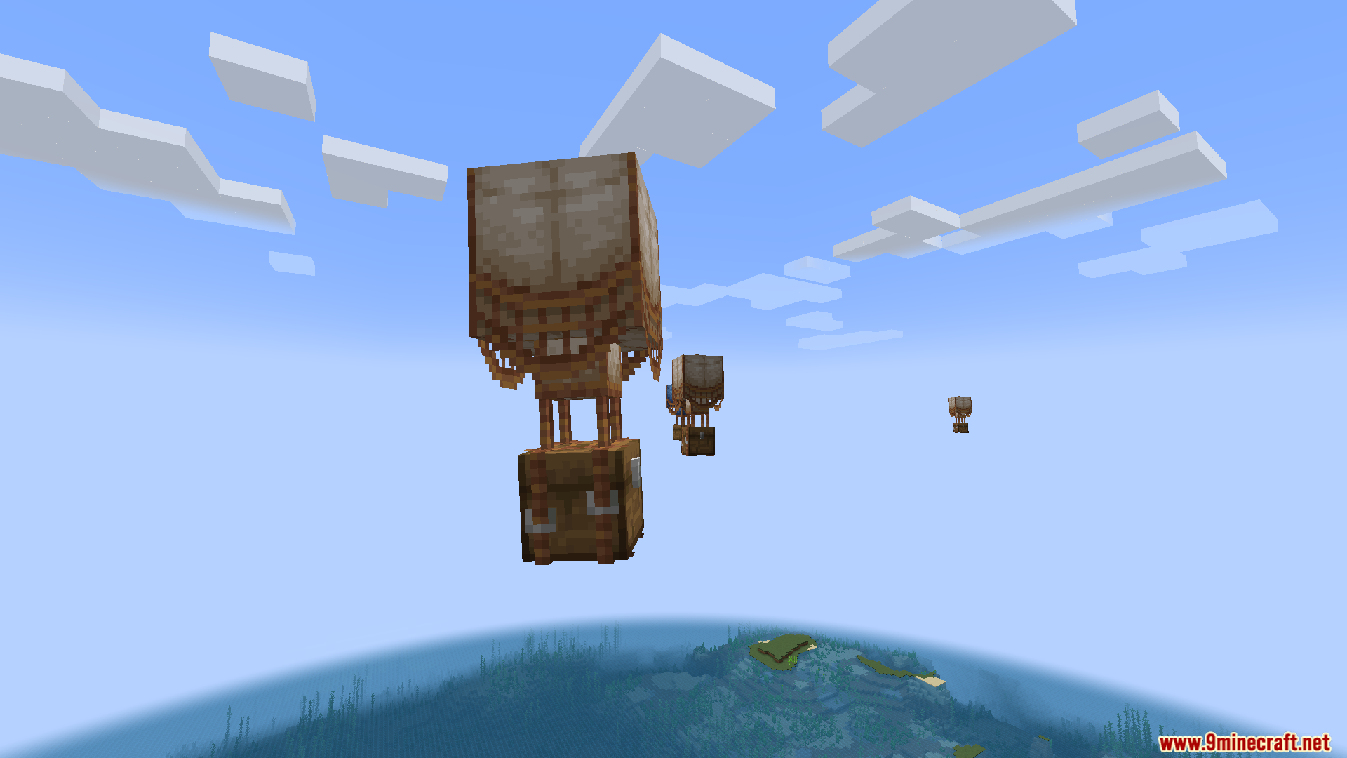 Flying chests attached to balloons soaring over the ocean