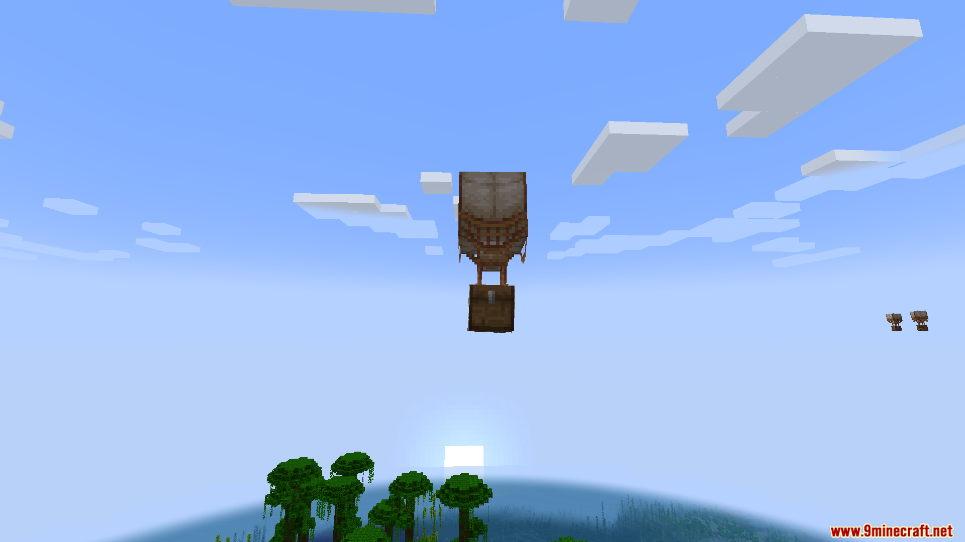 Flying chest attached to a balloon drifting through the sky
