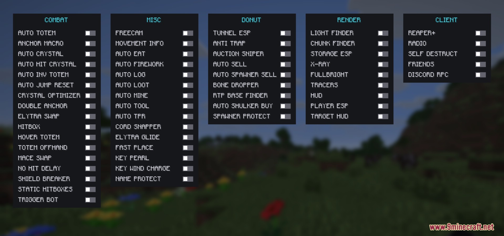 Reaper Client Mod graphical user interface displaying various feature toggle menus
