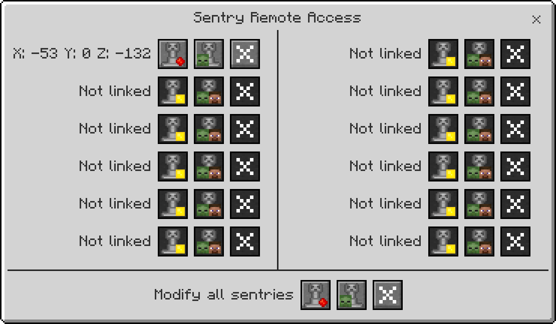 Securitycraft mod remote access menu for linking and modifying sentry turrets